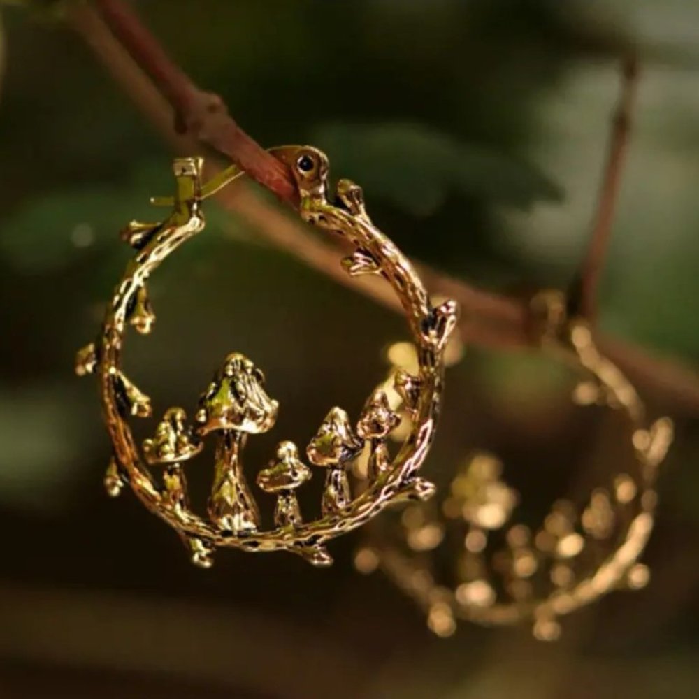 Gold Vintage Style Bohemian Mushroom Hoop Earrings Mushroomcore NEW